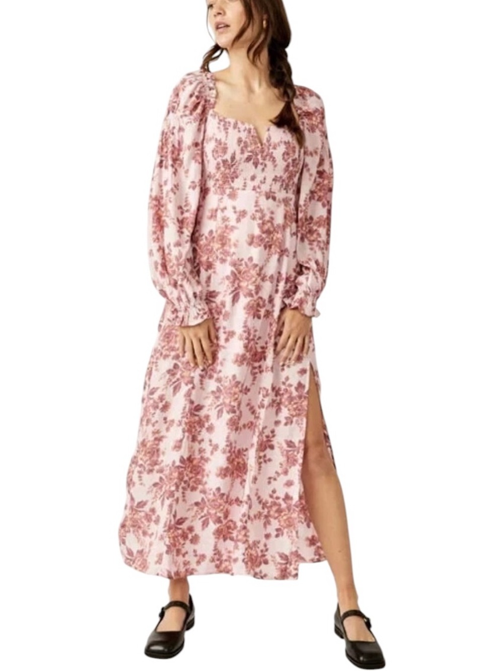 FREE PEOPLE Jaymes Midi Dress M Floral  Long Sleeve Milkmaid Flowy Cottagecore